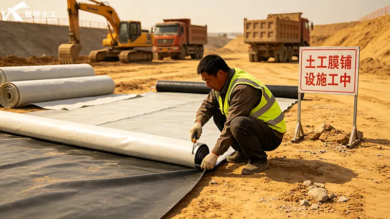 Geomembrane Laying Construction Site for Foundation Protection Geomembrane Laying Construction Site for Foundation Protection