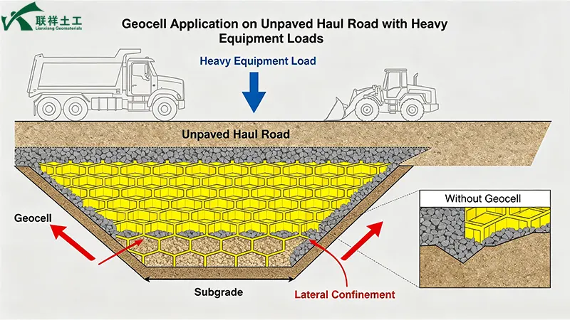 Geocell application on unpaved haul road with heavy equipment loads Geocell application on unpaved haul road with heavy equipment loads