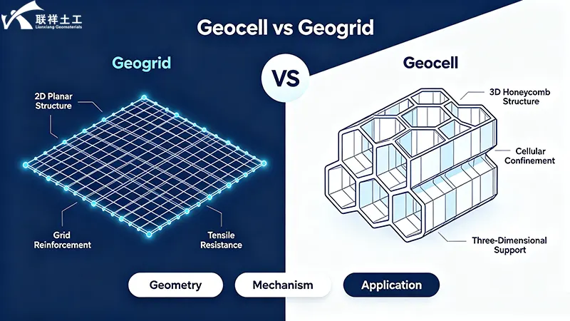 Geocell vs Geogrid – 2D planar grid vs. 3D honeycomb structure Geocell vs Geogrid – 2D planar grid vs. 3D honeycomb structure