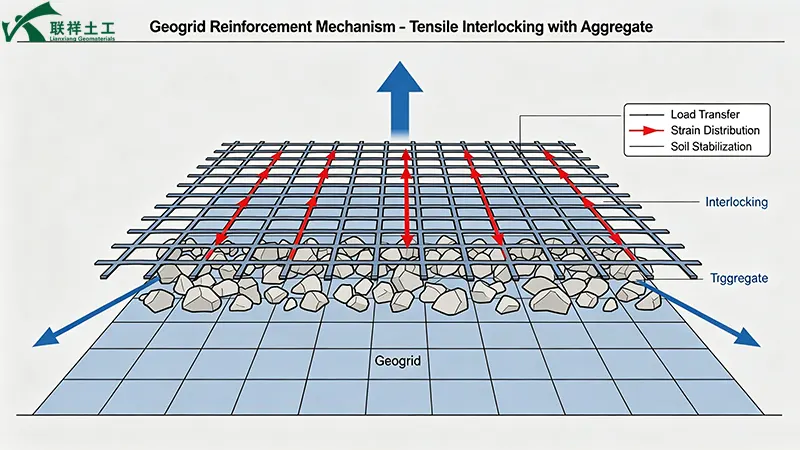 Geogrid reinforcement mechanism – tensile interlocking with aggregate Geogrid reinforcement mechanism – tensile interlocking with aggregate