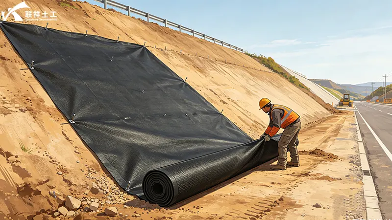 Geotextile fabric installation – laying the separation layer over the prepared slope