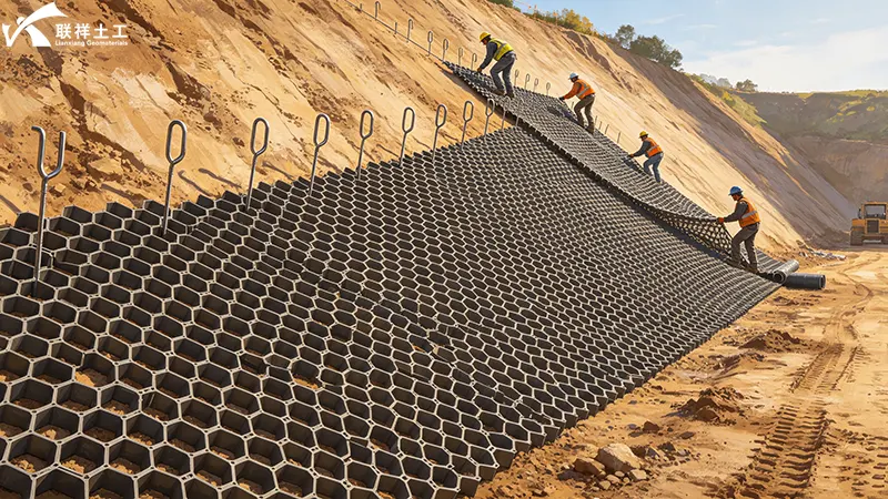 Geocell expansion and anchoring – securing panels with U-shaped stakes from top to bottom