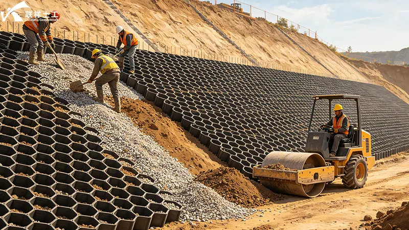 Geocell filling and compaction – placing infill material and compacting for long-term stability
