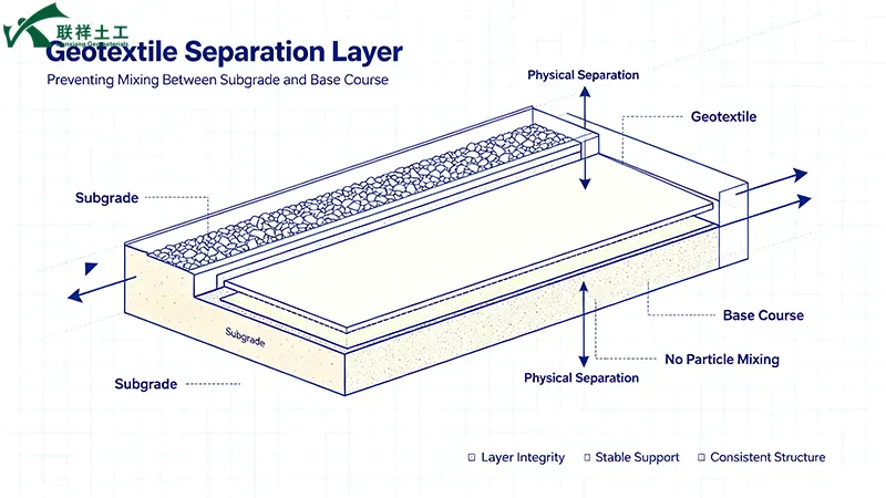 Geotextile separation layer – preventing mixing between subgrade and base course Geotextile separation layer – preventing mixing between subgrade and base course