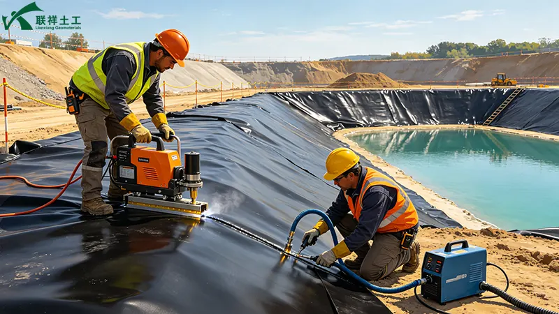Geomembrane installation—welding equipment and quality testing in progress Geomembrane installation—welding equipment and quality testing in progress