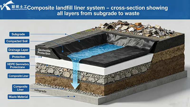 Composite landfill liner system – cross-section showing all layers from subgrade to waste Composite landfill liner system – cross-section showing all layers from subgrade to waste