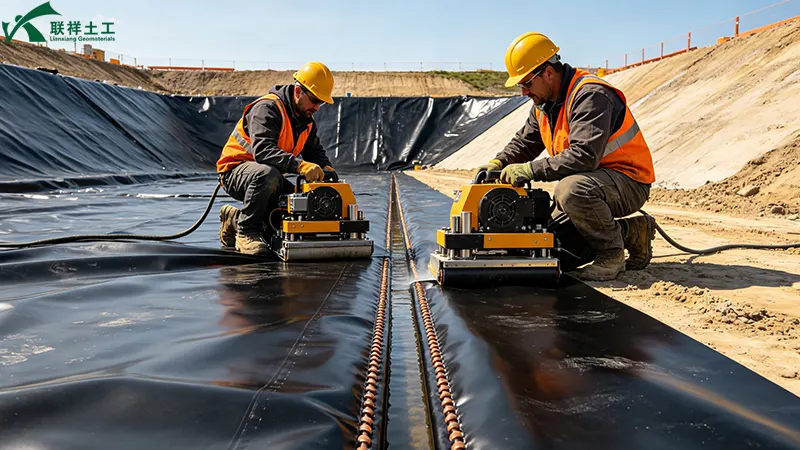 Double hot-wedge welding in progress – creating a dual-track fusion seam Double hot-wedge welding in progress – creating a dual-track fusion seam