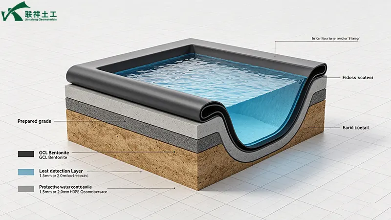 Cross-section diagram of a tailings pond liner system showing subgrade, GCL, HDPE geomembrane, leak detection layer, and protective geotextile. Cross-section diagram of a tailings pond liner system showing subgrade, GCL, HDPE geomembrane, leak detection layer, and protective geotextile.