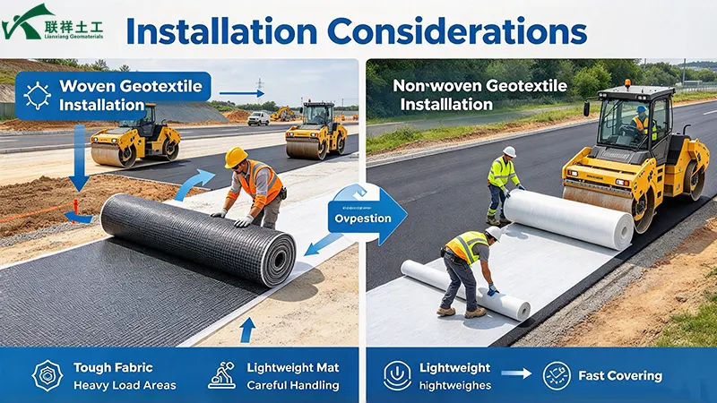 Geotextile installation, road construction, subgrade, deployment, overlap, construction efficiency