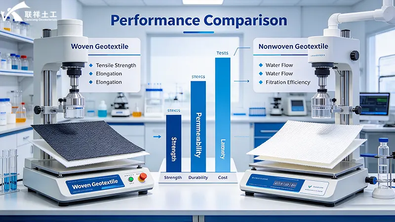Tensile strength, permeability, puncture resistance, filtration efficiency, geotextile performance test