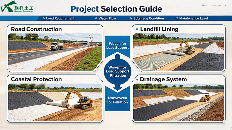Geotextile selection guide, road construction, landfill lining, coastal protection, drainage system, project application