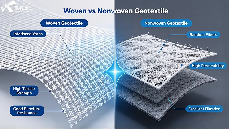 Woven geotextile, nonwoven geotextile, structure comparison, interlaced yarns, random fibers, geosynthetic material