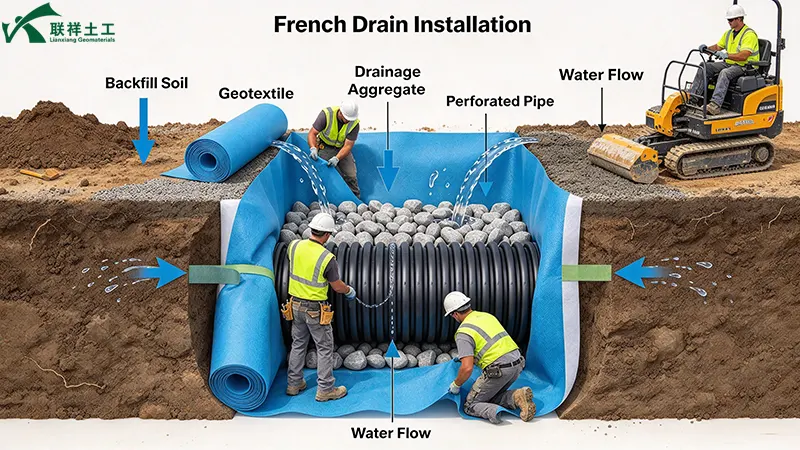 French drain installation – complete geotextile encapsulation of drainage aggregate French drain installation – complete geotextile encapsulation of drainage aggregate