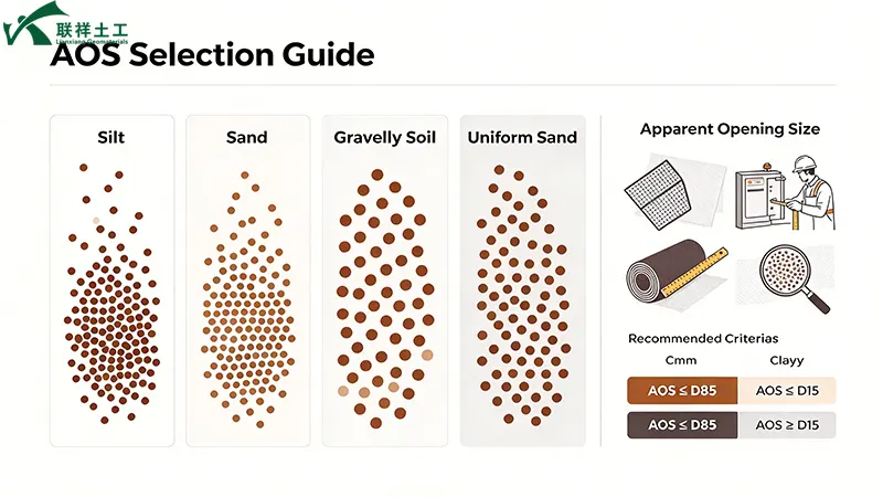 AOS selection guide for geotextile filtration showing recommended apparent opening size for different soil types including silt, sand, and gravel AOS selection guide for geotextile filtration showing recommended apparent opening size for different soil types including silt, sand, and gravel