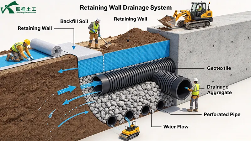 Retaining wall drainage system – geotextile filter layer with drainage aggregate Retaining wall drainage system – geotextile filter layer with drainage aggregate