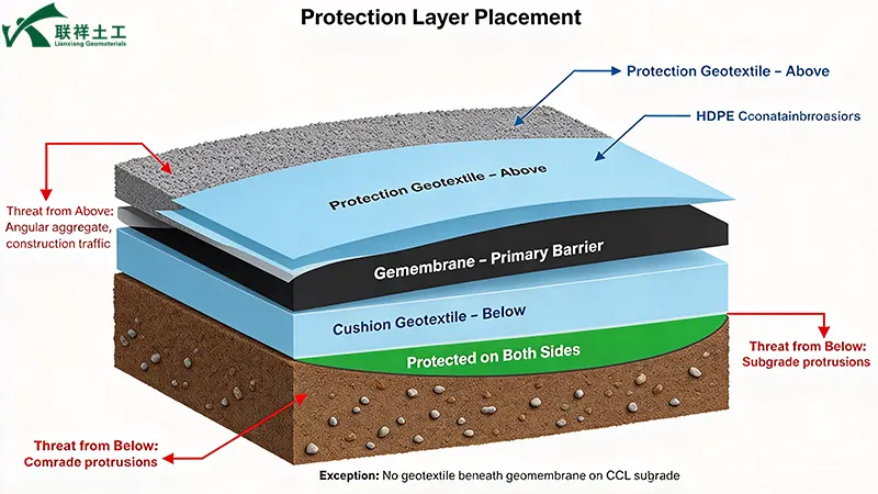 Cross-section of a containment system showing cushion geotextile beneath the HDPE geomembrane for subgrade protection and a protection geotextile above for cover placement protection. Cross-section of a containment system showing cushion geotextile beneath the HDPE geomembrane for subgrade protection and a protection geotextile above for cover placement protection.