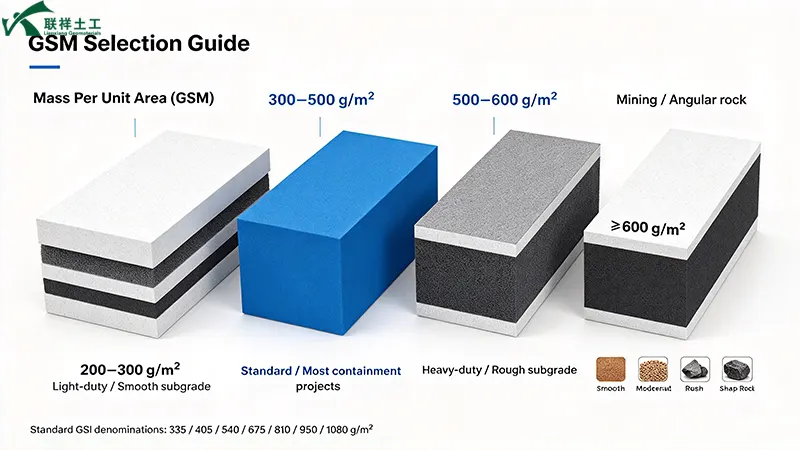 GSM selection guide for protection geotextiles showing recommended mass per unit area for smooth, moderate, rough, and highly angular subgrade conditions. GSM selection guide for protection geotextiles showing recommended mass per unit area for smooth, moderate, rough, and highly angular subgrade conditions.