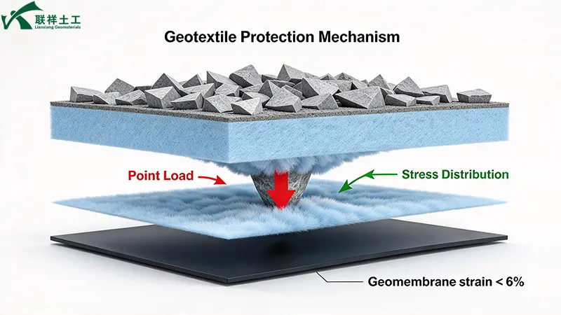 Geotextile protection mechanism showing a nonwoven needle-punched cushion layer dissipating point loads from angular aggregate and limiting strain on the underlying HDPE geomembrane. Geotextile protection mechanism showing a nonwoven needle-punched cushion layer dissipating point loads from angular aggregate and limiting strain on the underlying HDPE geomembrane.