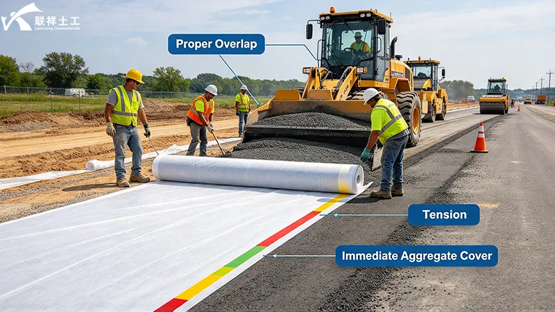 Road construction geotextile installation showing proper overlap, tension, and immediate aggregate cover placement to prevent damage Road construction geotextile installation showing proper overlap, tension, and immediate aggregate cover placement to prevent damage
