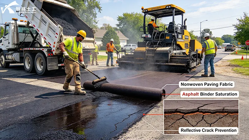 Nonwoven paving fabric saturated with asphalt binder installed as anti-crack interlayer to prevent reflective cracking in pavement overlaye Nonwoven paving fabric saturated with asphalt binder installed as anti-crack interlayer to prevent reflective cracking in pavement overlay