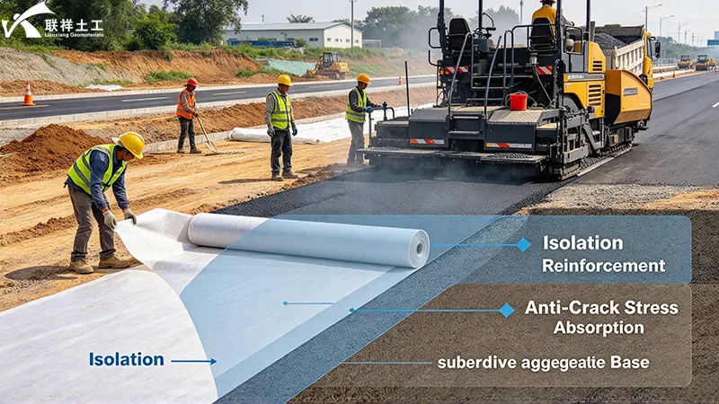 Three core functions of road construction geotextile: isolation, reinforcement, and anti-crack stress absorption in pavement structures Three core functions of road construction geotextile: isolation, reinforcement, and anti-crack stress absorption in pavement structures