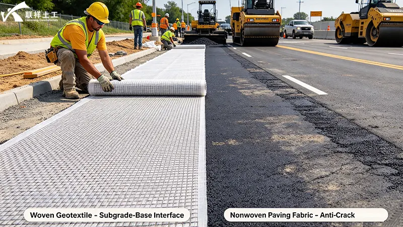 Woven geotextile placed at subgrade-base interface for isolation and reinforcement versus nonwoven paving fabric used as anti-crack overlay interlayer Woven geotextile placed at subgrade-base interface for isolation and reinforcement versus nonwoven paving fabric used as anti-crack overlay interlayer